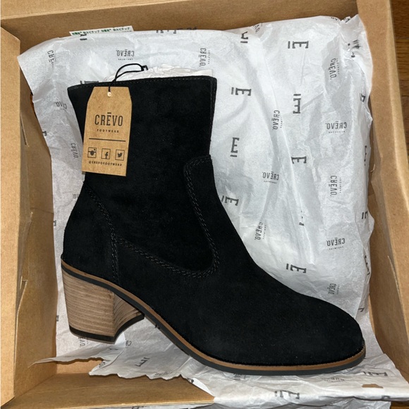 Crevo Jet Black Jade Leather Block Heel Bootie Women’s Size 6 - Picture 2 of 11